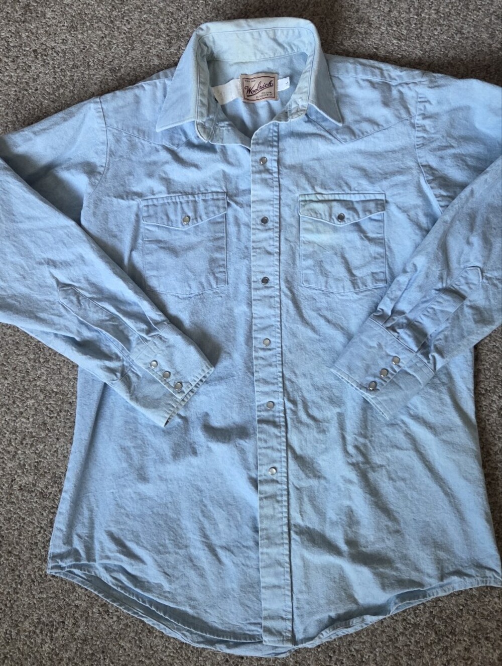 Vintage Woolrich Shirt Mens L Blue Denim Pearl Snap Western Long Sleeve Rodeo